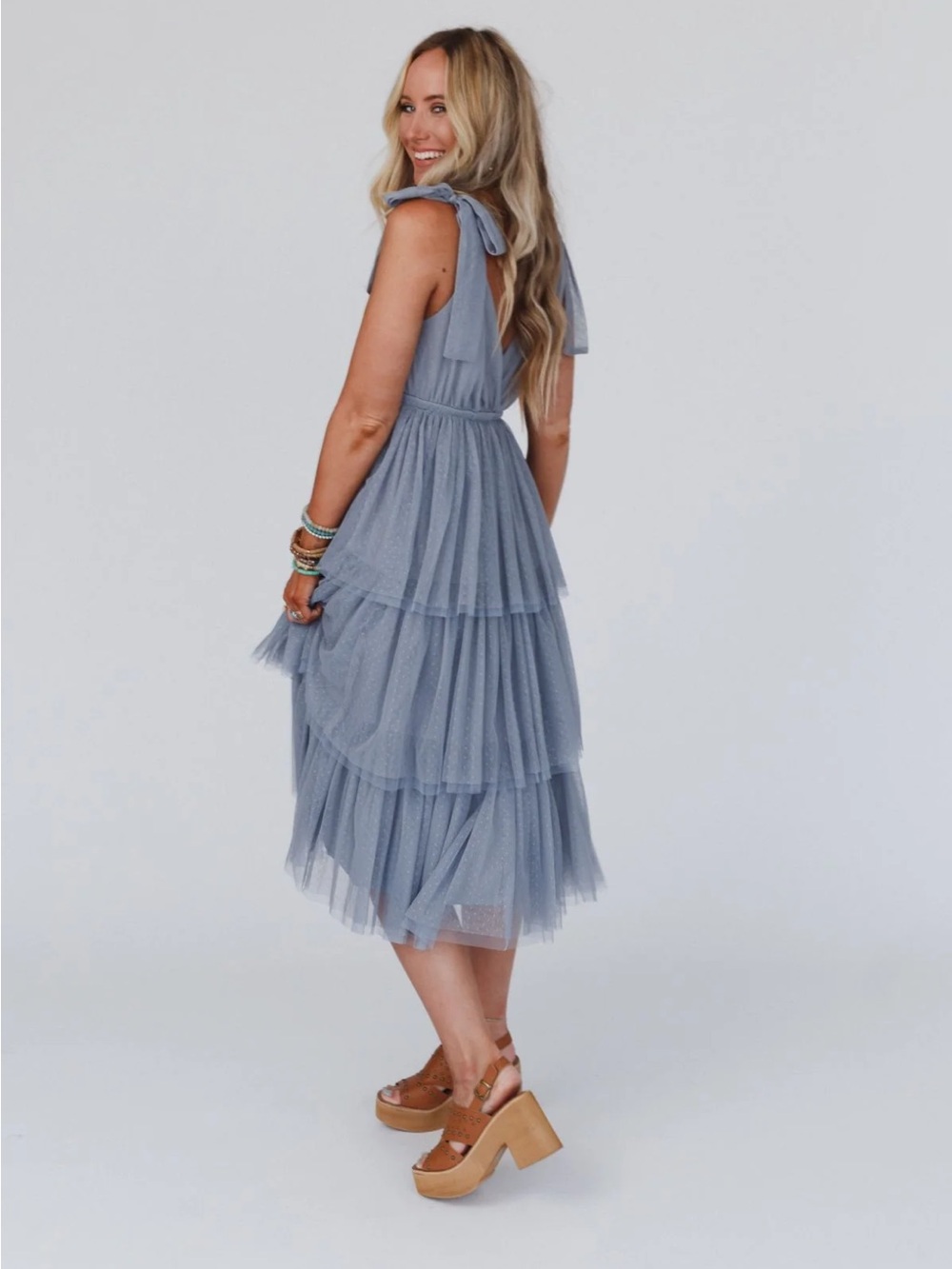 Three Bird Nest Dusty Blue Tiered Tulle Midi Dress with Tie Straps - Picture 2 of 7